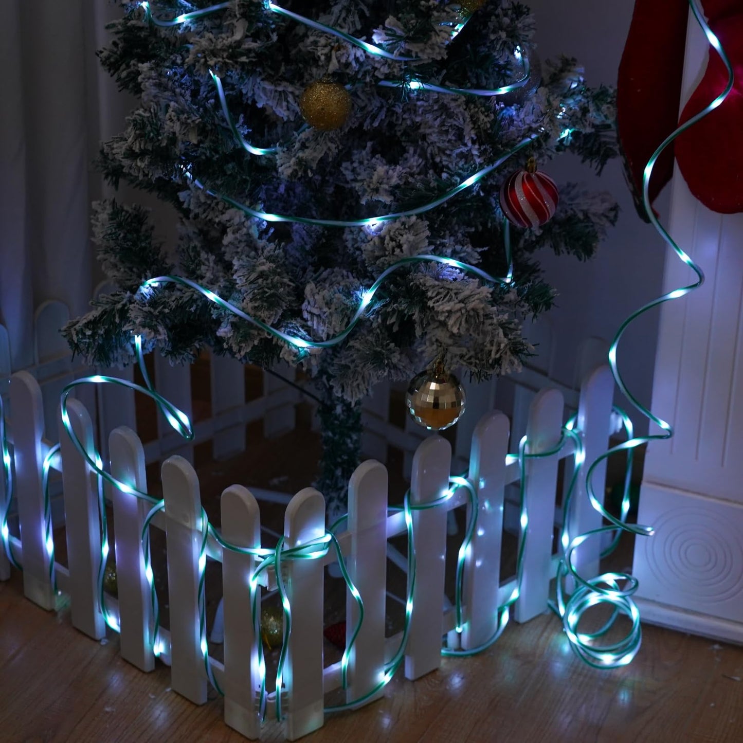 QITONG Solar Christmas Lights Outdoor, 2 Pack Each 33ft 100 LED Green and White Candy Cane Rope Lights, Fairy Lights in Clear Thin Tube with 8 Modes