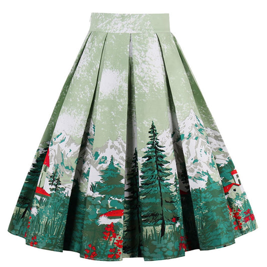 Dressever Women's Vintage A-line Printed Pleated Flared Midi Skirts Christmas Trees X Small