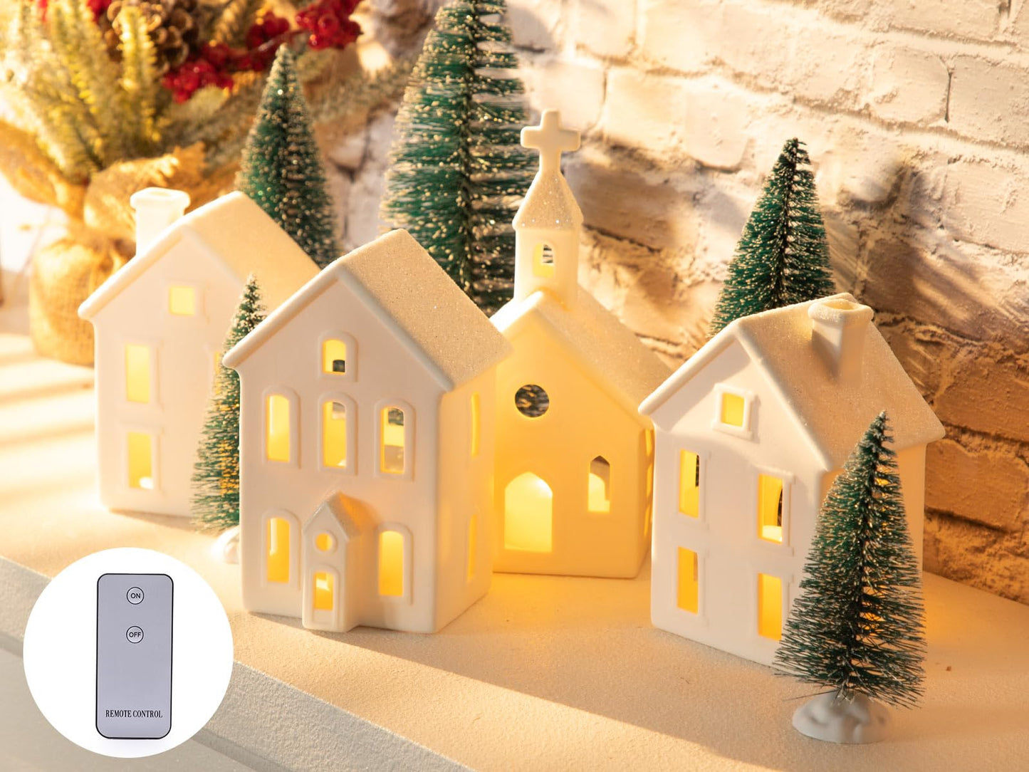 BUTITNOW 9 Pcs Christmas Village Figurines Sets - 4 Lighted Ceramic Houses with Remote Control & 5 Trees - Christmas Decorations Indoor - White Xmas Holiday Farmhouse Rustic Decor for Home Table Room