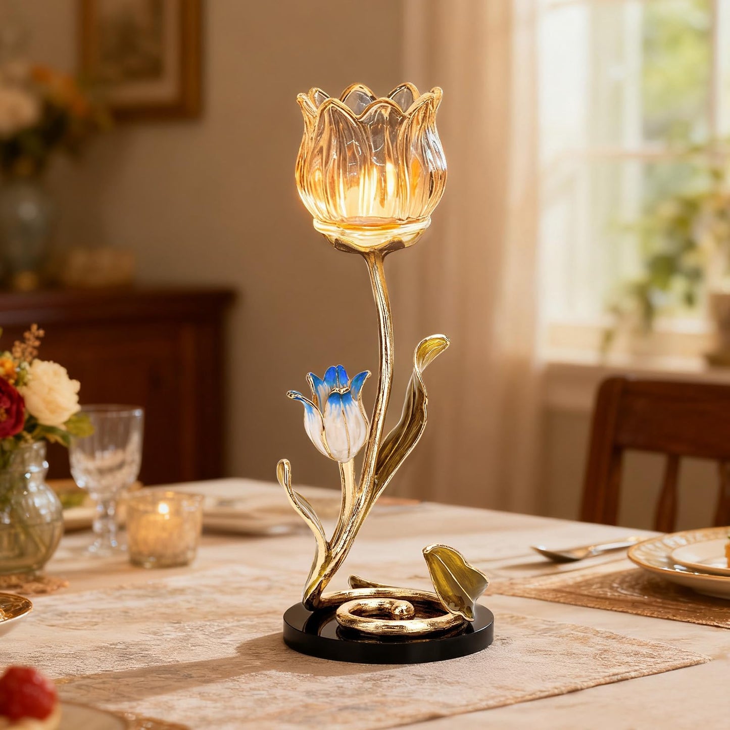 Luxury Crystal Glass Flower Candle Holder – Romantic French-Style Aromatherapy Tea Light Stand, Gold Floral Table Centerpiece for Weddings, Home Decor, Romantic Ambiance