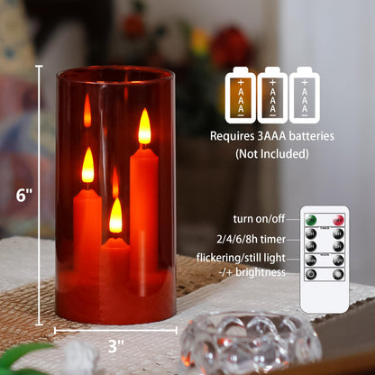 Zevanor 3 in 1 Flameless Taper Short Candles with 10 Key Remote Control and Timer, Battery Operated Pack of 2 LED Acrylic 3" x6" Red Pillar Flickering Warm Light