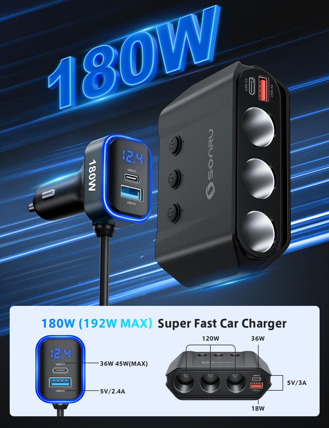 7 in 1 Cigarette Lighter Splitter, 180W [Dual PD & QC 3.0] Car Charger Adapter, 12V/24V Car USB Adapter Multi Socket with Voltmeter Fast Charging for iPhone 16/15/14 Samsung Galaxy Laptop Car Devices