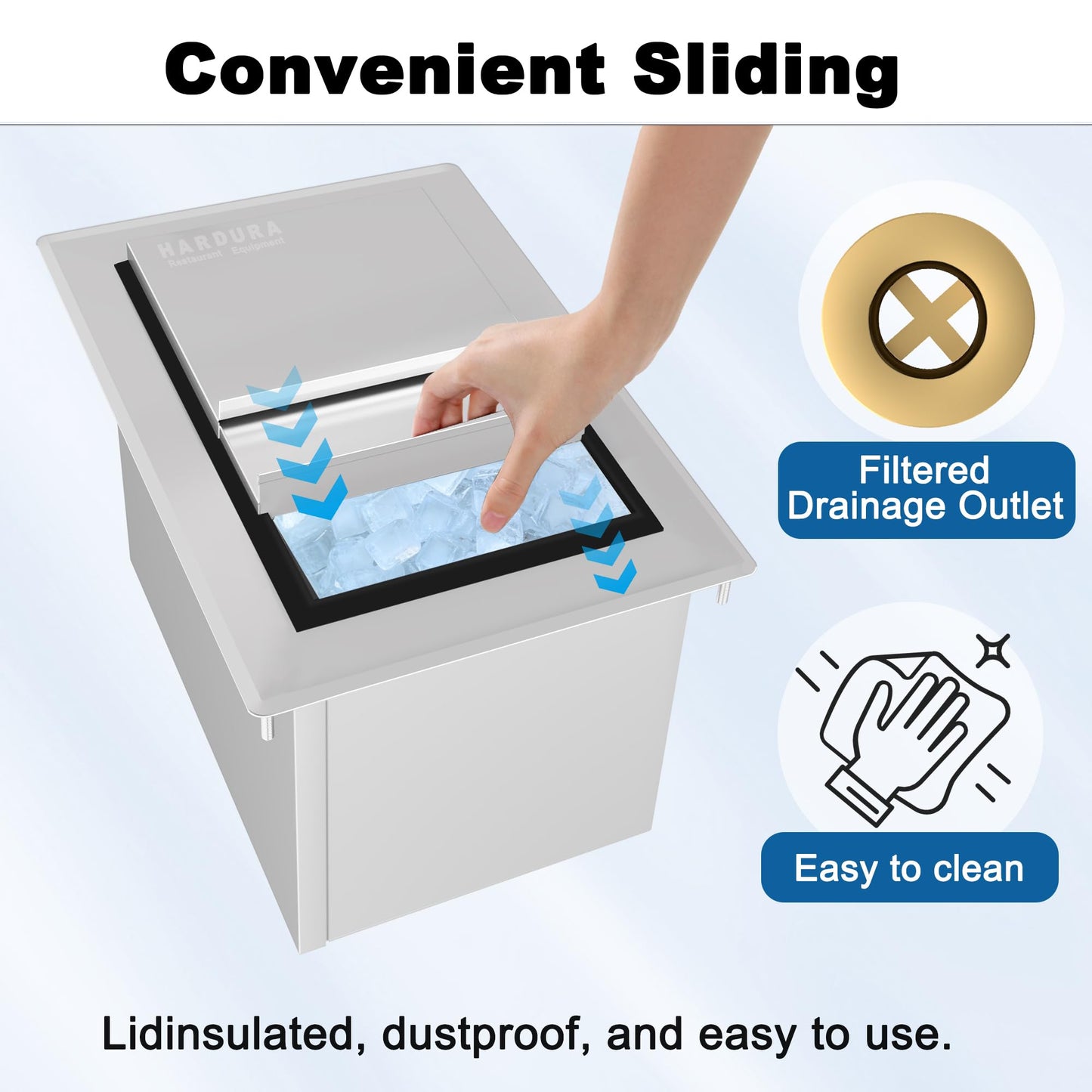 HARDURA Drop-in Stainless Steel Ice Bin, Commercial Insulated Ice Chest with Sliding Cover for Storing Ice Cold Wine Beer