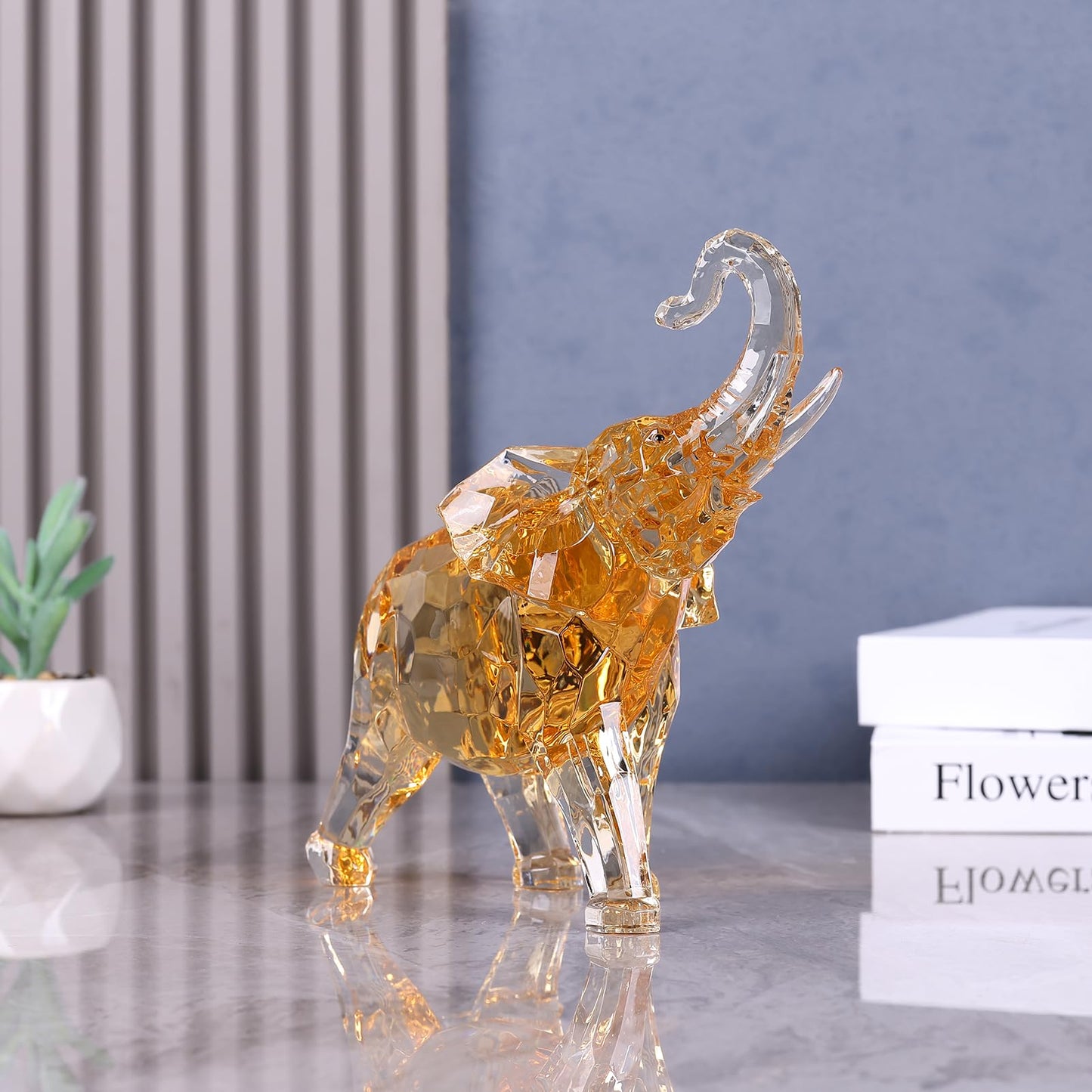 Acrylic Clear Elephant Figurines Crystal Glass Finish, High End African Statues for Home Decor, Elephants with Trunk up, Large Elephants Statue Sculpture,Office Feng Shui Lucky Elephant Gifts
