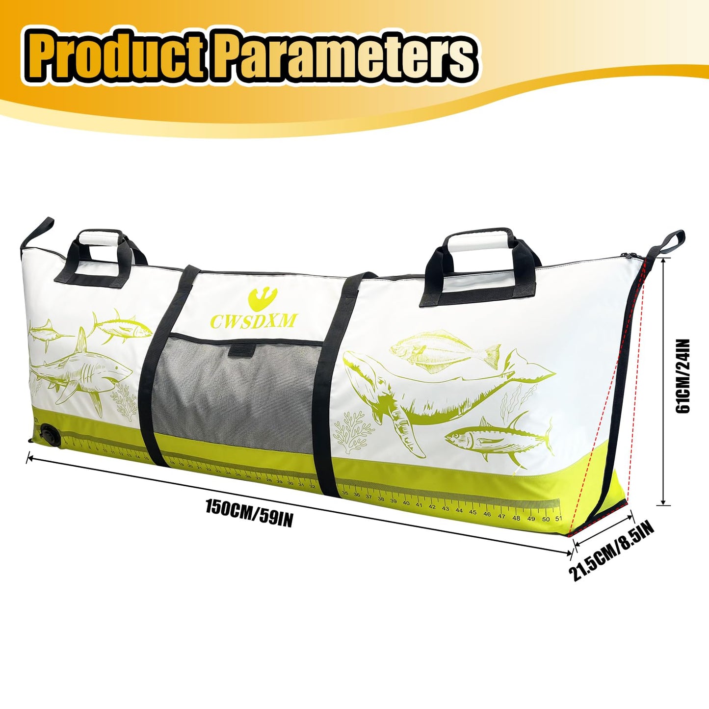 CWSDXM Insulated Fish Cooler Bag, 60'' Waterproof Leakproof Fishing Kill Bag with Drain Valve, Zipper and Heavy Duty PVC Marine Cooler for Boat Kayak Offshore Fishing, Keeps Fish Fresh Up to 48H