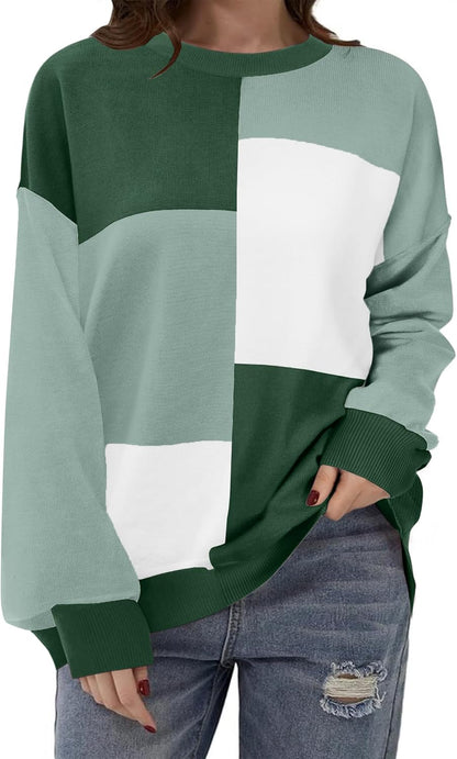 Zeagoo Womens Striped Oversized Sweater 2025 Crew Neck Long Sleeve Knitted Color Block Casual Loose Pullover Top