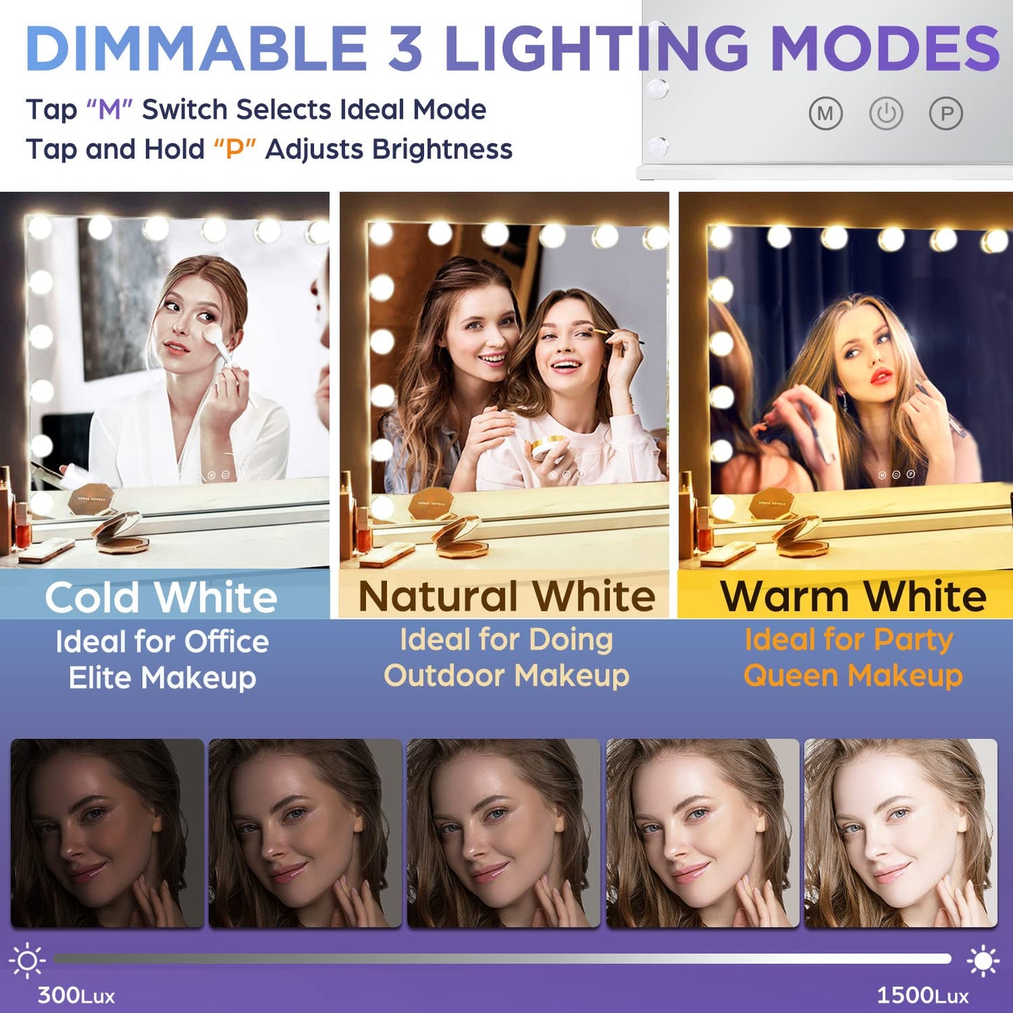 M MIVONDA Hollywood Vanity Mirror with Dimmable 15LED Bulbs Lights 3 Lighting Modes 2in1 Large Lighted Makeup Mirror for Desk and Wall with Plug-in and USB Charger Port