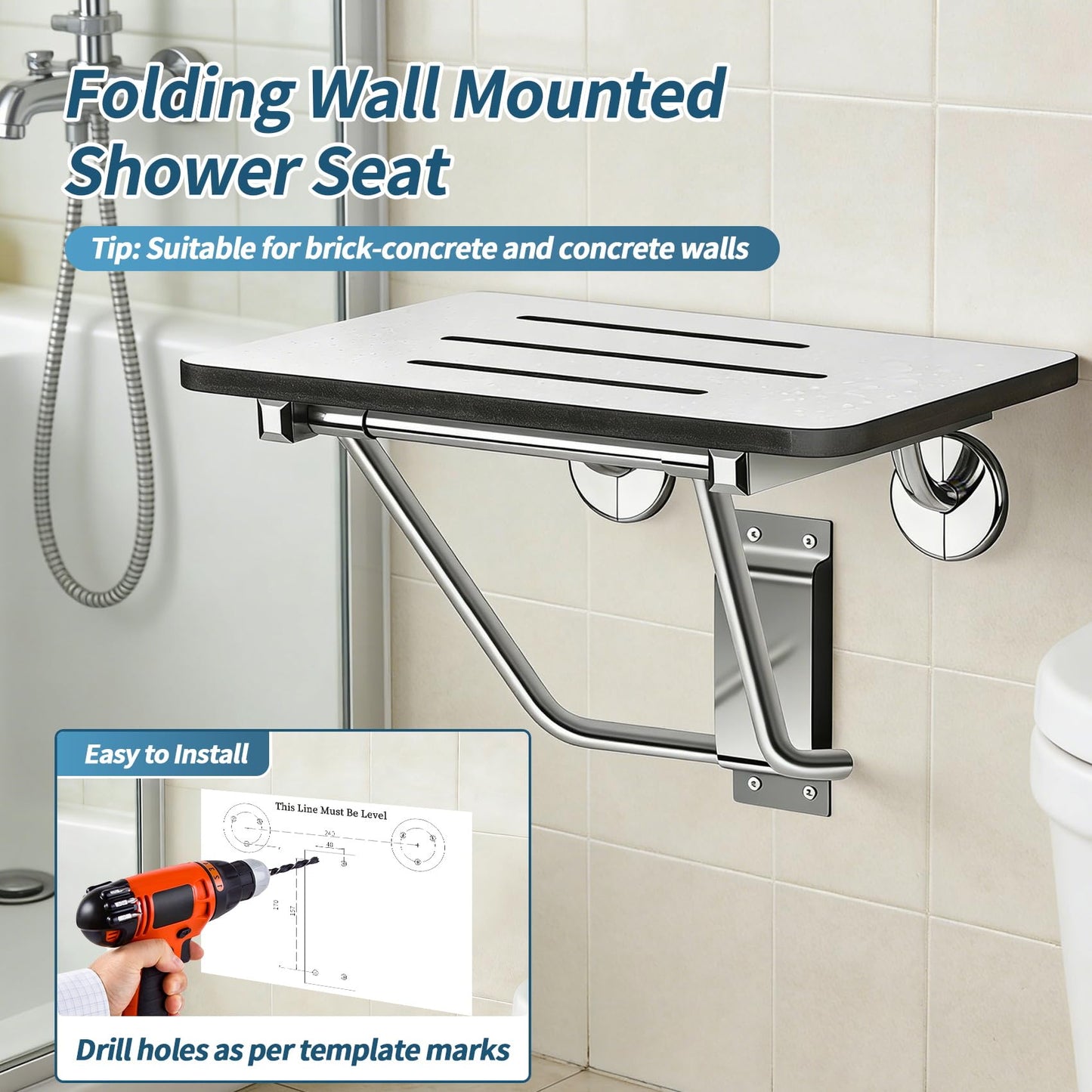18" Foldable Wall Mounted Fold Down Shower Seat, ADA Compliant Folding Shower Bench with Phenolic Resin Surface No Peeling No Cracking, Triangular Stainless Steel Frame, 420lbs Capacit