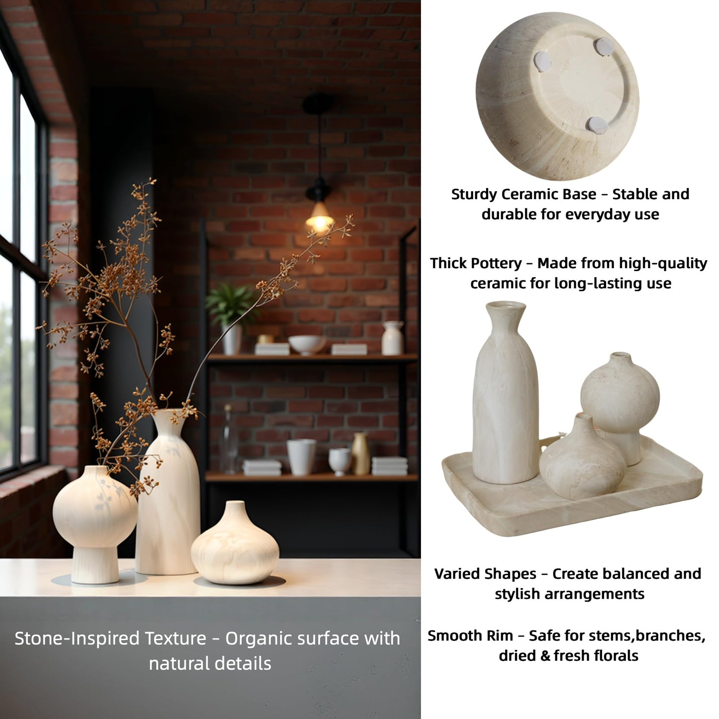 SincereLuxe White Ceramic Vase Set of 3 in Beige, Modern Aesthetic Stone-Look Textured Pottery Vases for Shelf & Bookshelf Home Decor, Neutral Minimalist Decorative Vases for Flowers & Pampas Grass