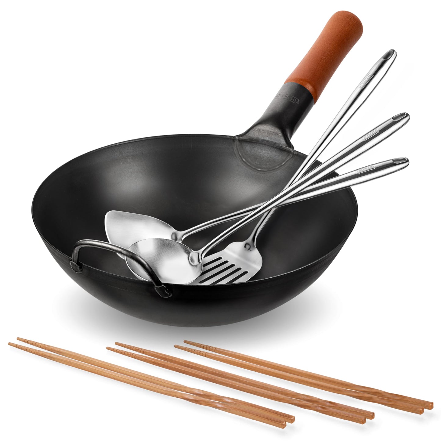 YOSUKATA Carbon Steel Wok Pan11.8 in + 17" Wok Spatula and Ladle and Turner + Reusable Natural Wooden Long Cooking Chopsticks Set of 3 pairs