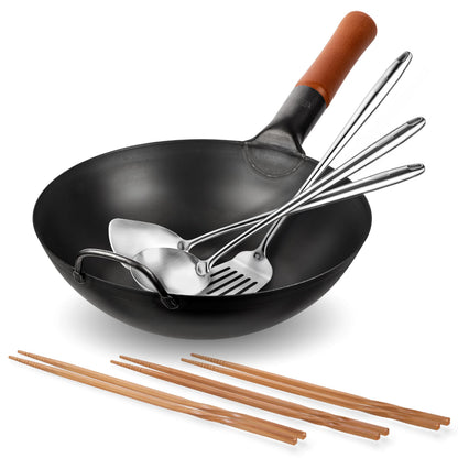 YOSUKATA Carbon Steel Wok Pan11.8 in + 17" Wok Spatula and Ladle and Turner + Reusable Natural Wooden Long Cooking Chopsticks Set of 3 pairs