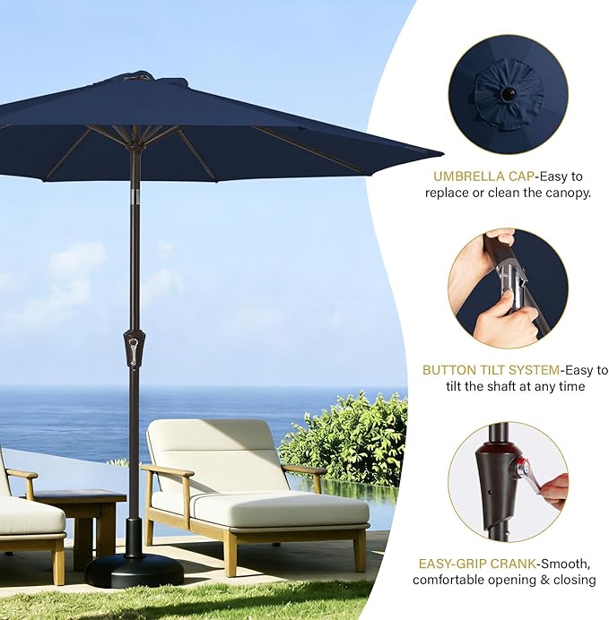 MEWAY 9ft Patio Umbrella Outdoor Table Umbrellas with Push Button Tilt and Crank, Market Umbrella 8 Sturdy Ribs for Deck, Garden, Pool and Backyard, Dark Blue