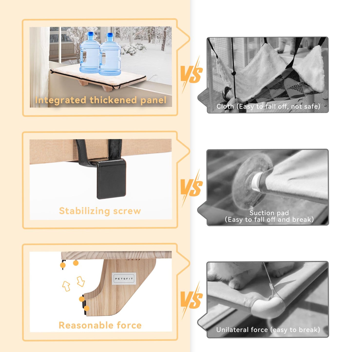 PETSFIT 2 Cats Design Window Perch, Cat Hammock Window Seat with Natural Wood &Removable Fleece Mat for Large Cats, Easy to Adjust&Assemble Cat Bed for Windowsill, Bedside and Drawer