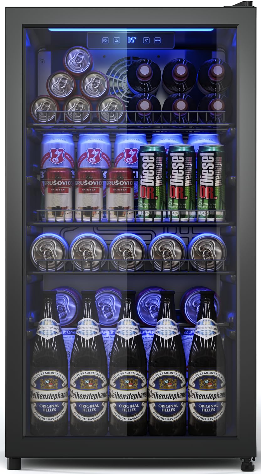 Tehanld Beverage Fridge, 130 Can Mini Fridge With Glass Door, Beverage Cooler Refrigerator, Wine Drink Beer Cooler, Adjustable Shelves & Digital Temperature Display