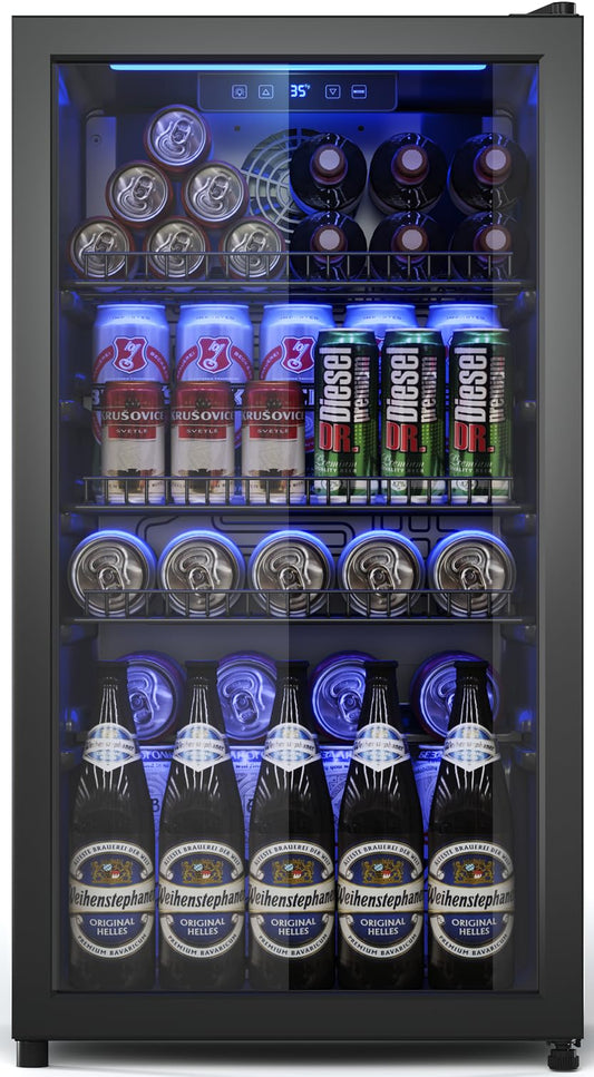 Tehanld Beverage Fridge, 130 Can Mini Fridge With Glass Door, Beverage Cooler Refrigerator, Wine Drink Beer Cooler, Adjustable Shelves & Digital Temperature Display