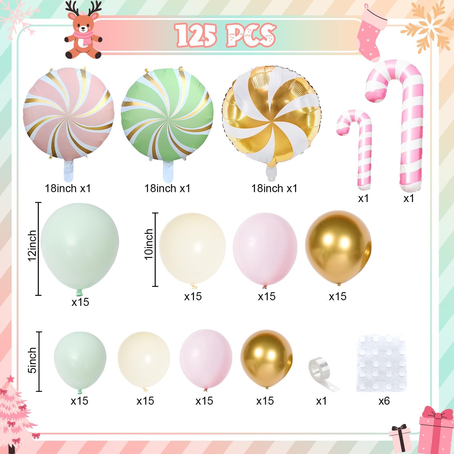 Christmas Balloons Garland Arch Kit, 125pcs Pastel Pink Green Balloon with Candy Cane Peppermint Foil Balloon for Christmas Theme New Year Xmas Holiday Birthday Party Decorations
