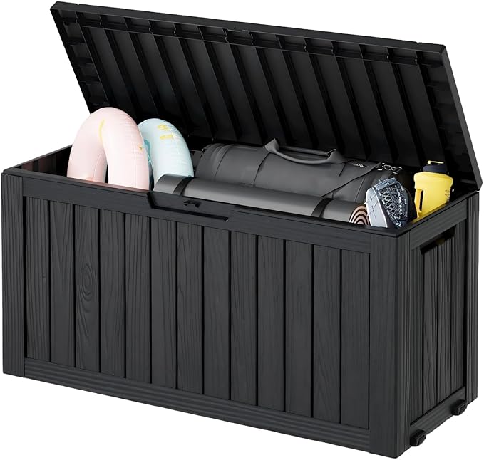 Outdoor Storage Box, Resin Deck Boxes Indoor and outdoor, Waterproof Storage Box Lockable Lid (Black, 80 Gallon)