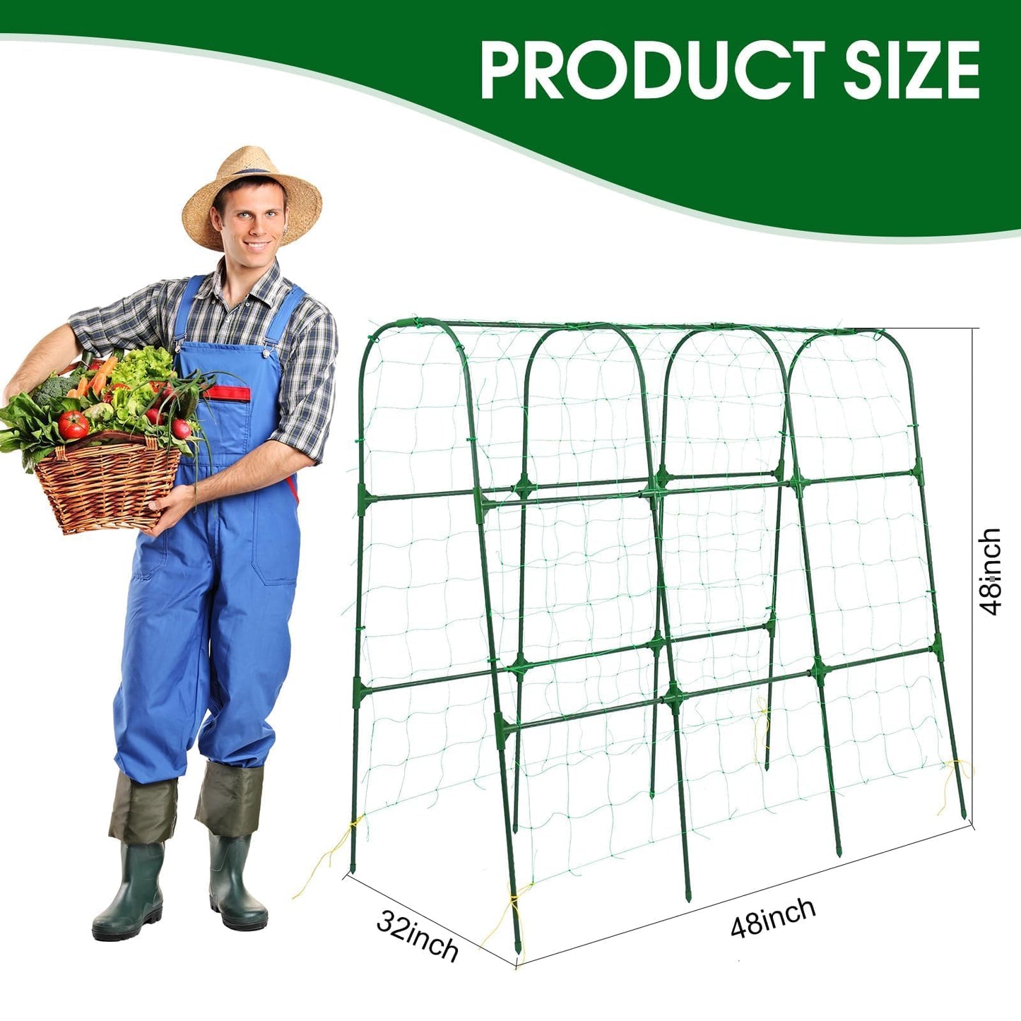 OTOSUNNY Garden Trellis for Climbing Plants Outdoor, Cucumber Trellis for Raised Bed Garden, Arch Trellis Support for Cucumbers Tomatoes Beans Peas, 50x48 inch, Metal Trellis with Netting, Green