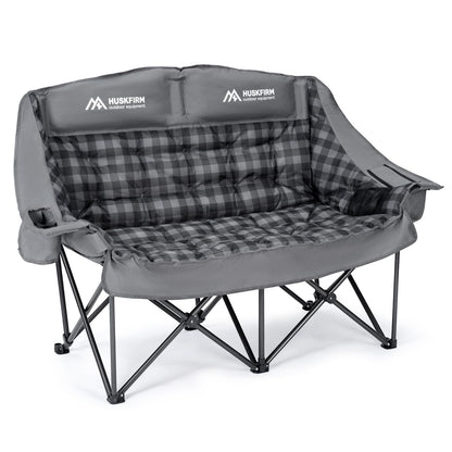 Huskfirm Padded Double Camping Chair High Back 2 Person Camping Chair Oversized Camping Loveseat Support 800LBS Heavy Duty Camping Couch with Cup Holders, Cooler, Carry Bag, Grey