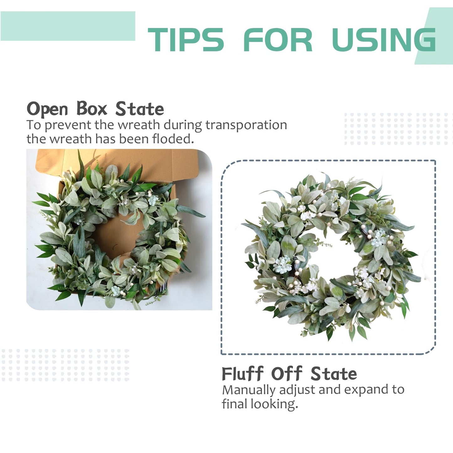 22 Inch Spring Everyday Lamb Ears Leaves Wreath with White Wild Flowers and Berries for Front Door, Welcome Wood Sign Green Leaves Wreath for Indoor Outdoor, Everyday Leaves Home Decor