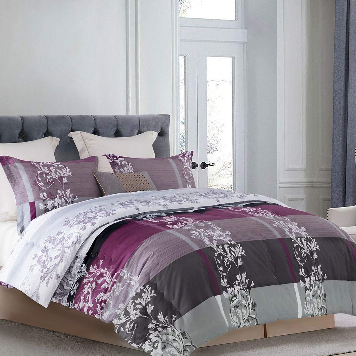 SLEEPBELLA Comforter Queen Size, 600 Thread Count Cotton Grey Paisley & Purple Comforter Sets, Down Alternative Bedding Set 3Pcs(Queen, Purple Paisley)