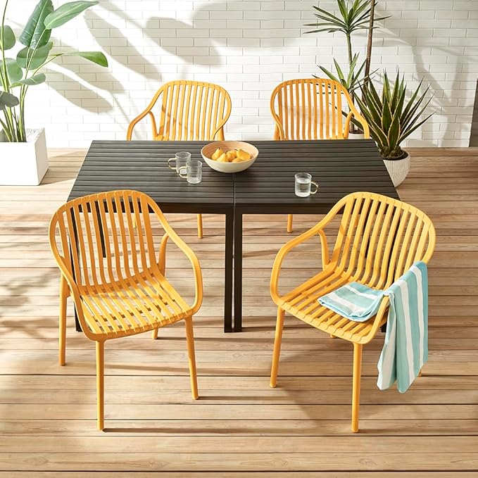Modern Stackable Outdoor & Indoor Plastic Dining Chairs Set, Armchairs Set, Weather-Resistant, Ideal for Patios, Cafes, and Home Use, Set of 4 (Mustard Yellow)