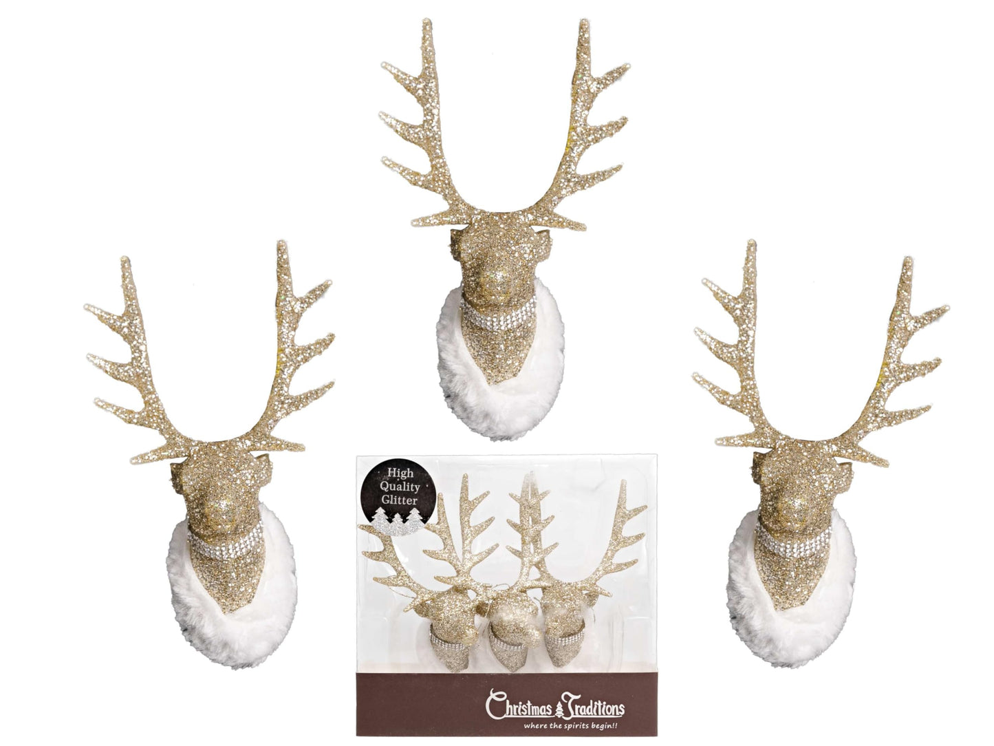 Christmas Traditions 6"(H) x 3.75"(W) Champagne Gold Glittered Reindeer Head Ornaments Hanging Tree Decorations (Champagne Gold)(Small)