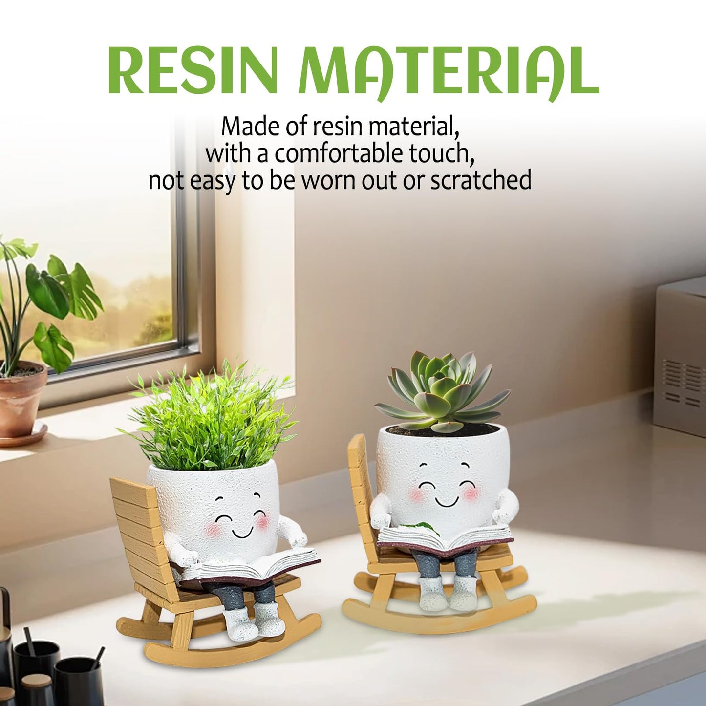 Toparad Smily Face Rocking Chair Reading Book Planter Pots, Cute Resin Flower Head Succulent Planters for Indoor Plants, Gift IdeaI for Mother Christmas Birthday with Drainage Hole