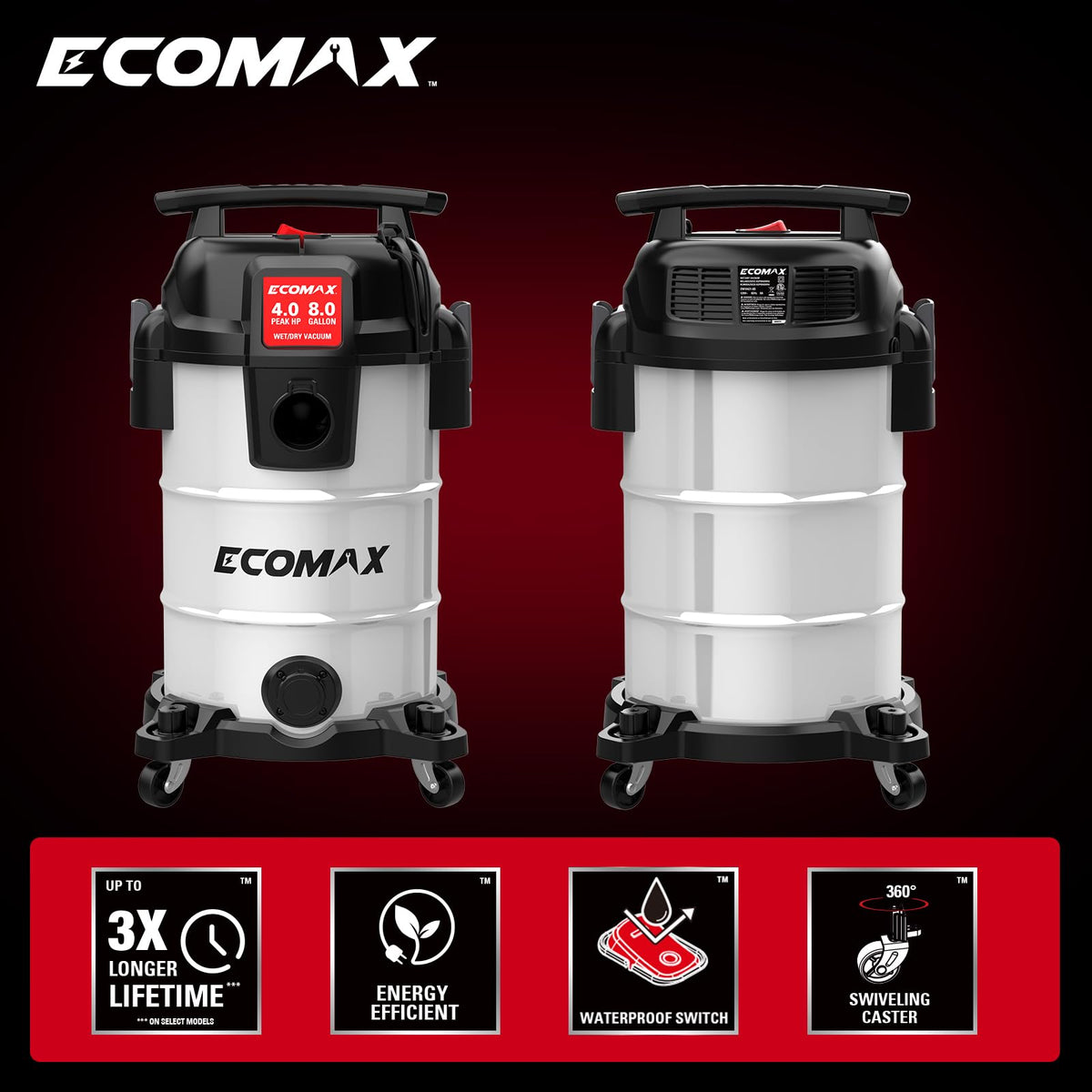 ECOMAX 8 Gallon Ultra-Quiet Shop Vacuum Wet and Dry, Stainless Steel Shop Vac with 80% Noise Reduction, 3X Longer Motor Life, 4 Peak HP Suction, Complete Accessory Kit for Garage, Workshop & Home