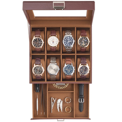 ProCase Watch Case, 8 Slot Mens Watch Box Holder Organizer with Glass Lid, 2-Layer Watches Display Case, Mens Jewelry Box with Drawer, Birthday Valentine Gifts for Men Women -8 Slot, Espresso