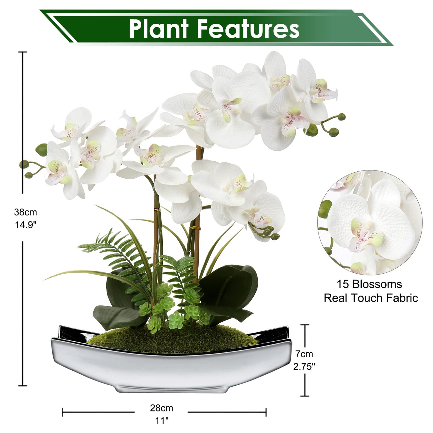 Briful Orchids Artificial Flowers 15" White Phalaenopsis Orchid with Silver Pots Real Touch Faux Orchid Plant for Home Office Living Room Table Decoration