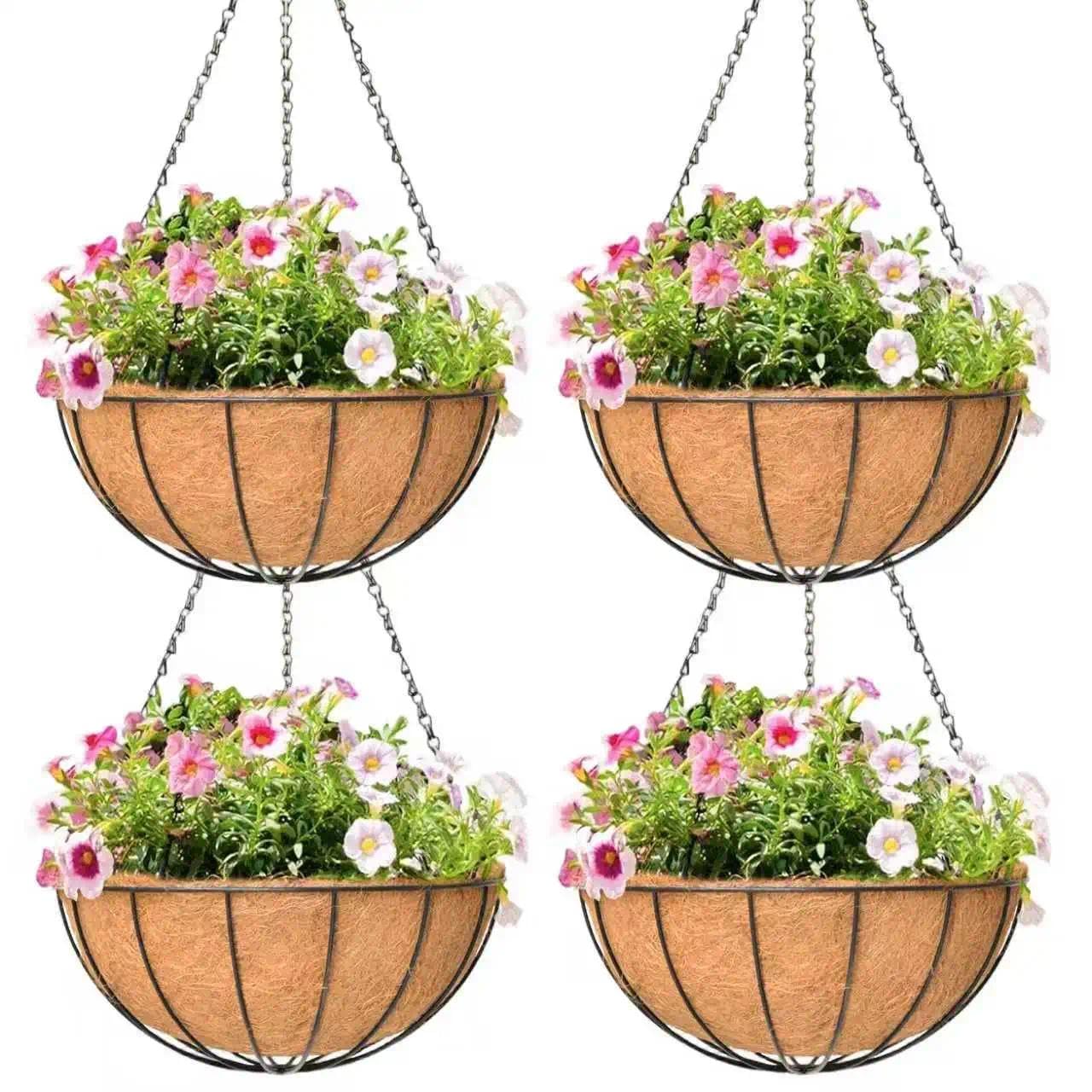 Qusuxi 4 Pack 14 Inch Hanging Baskets for Plants Outdoor Metal Hanging Planter Hanging Flower Baskets with Coco Fiber Liners Chain Round Wire Plant Holder Hanging Flower Pots(Watermelon)
