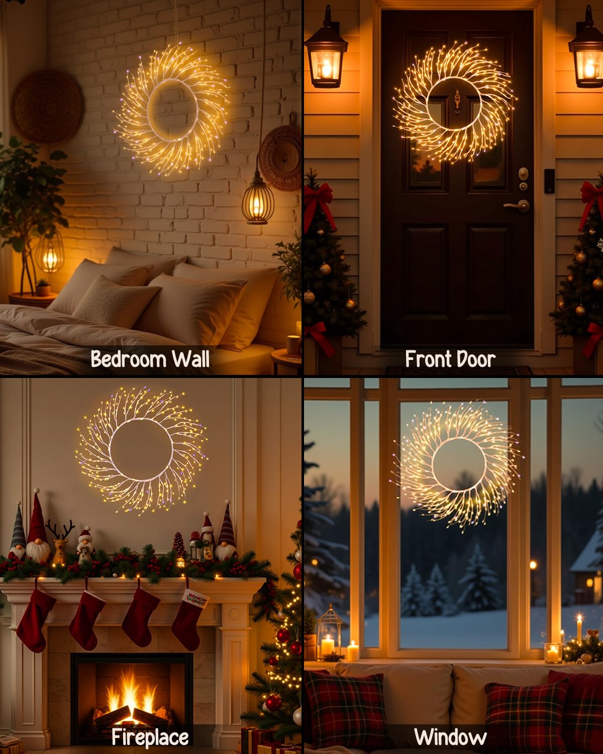 ooLALoo Christmas Window Lights Decorations, 22 Inch Christmas Wreath with 260 LED Fairy Lights, USB Operated Window Light Hanging for Holiday Wall Door Party Xmas Indoor Decor, White Twig