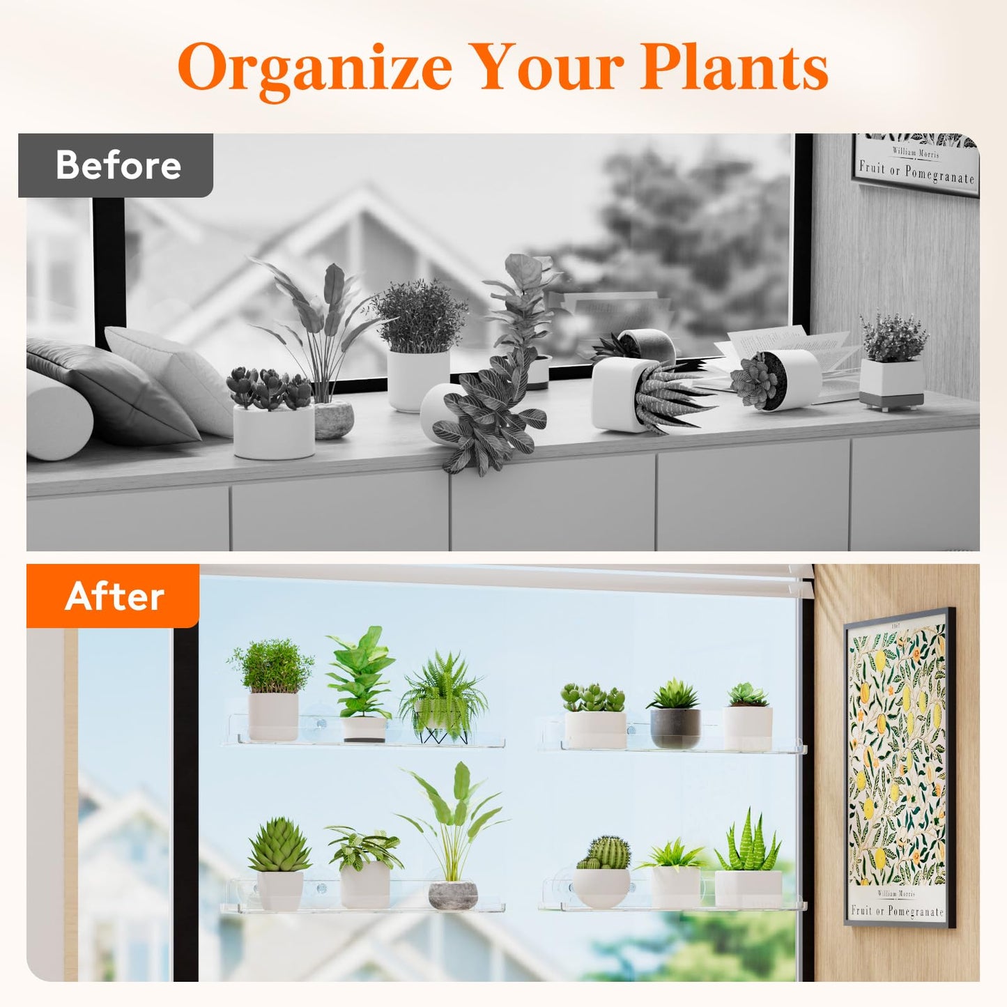 Lifewit Window Plant Floating Shelves 14.6x3.6, 2 Pack Acrylic Suction Cup Shelf, Window Sill Extender for Indoor Succulent Plants, Micro Greens, Seed Starter Pots, Herb Planters 37 x 9 cm/14.6x3.6