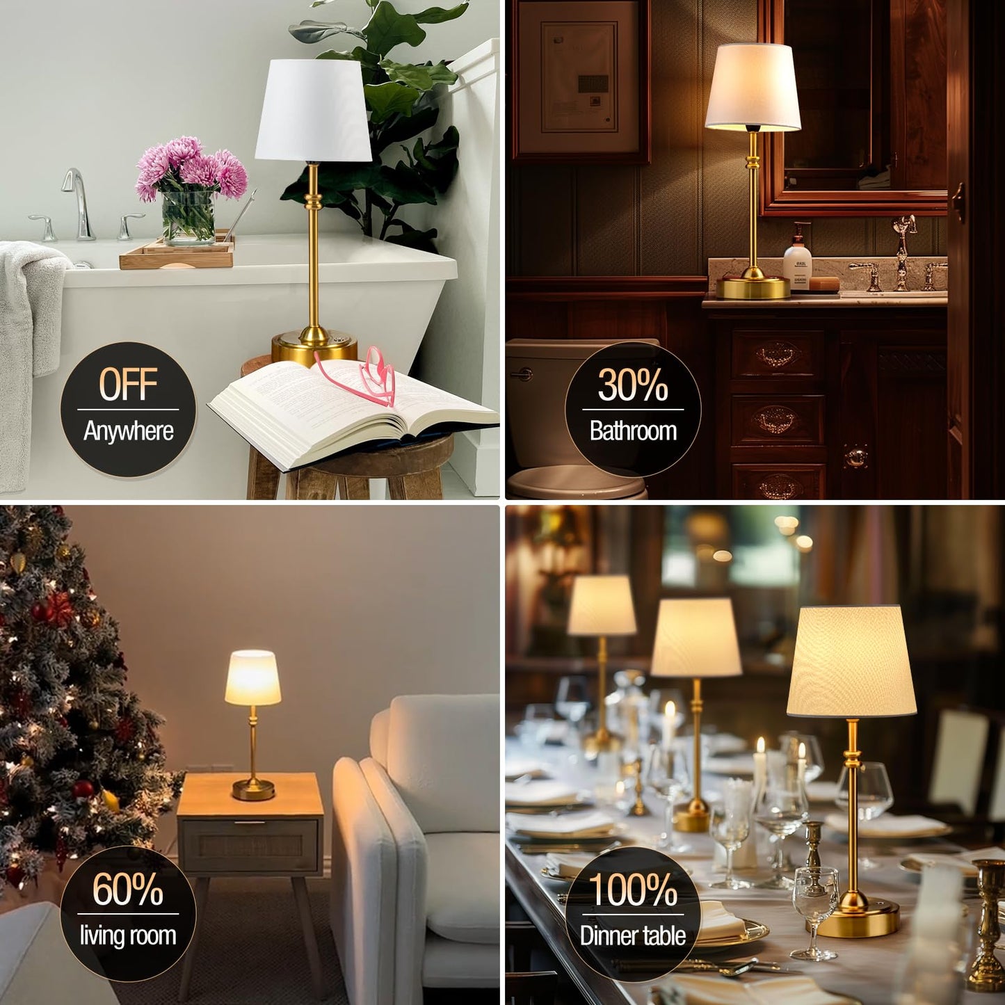 ONEWISH Cordless Lamp-Battery Operated Table lamp, 4000mAh Rechargeable, Stepless Dimmable, Small Touch Bedside Lamp with Fabric Shade, for Dining, Patio, Bathroom(Gold)