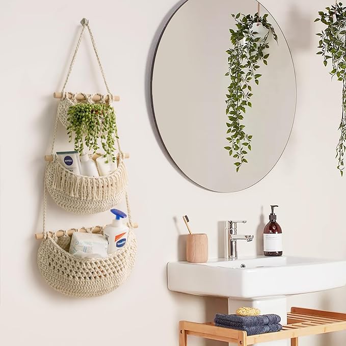 Hanging Fruit Basket, 3 Tier Over The Door Organizer, Handmade Woven Cotton