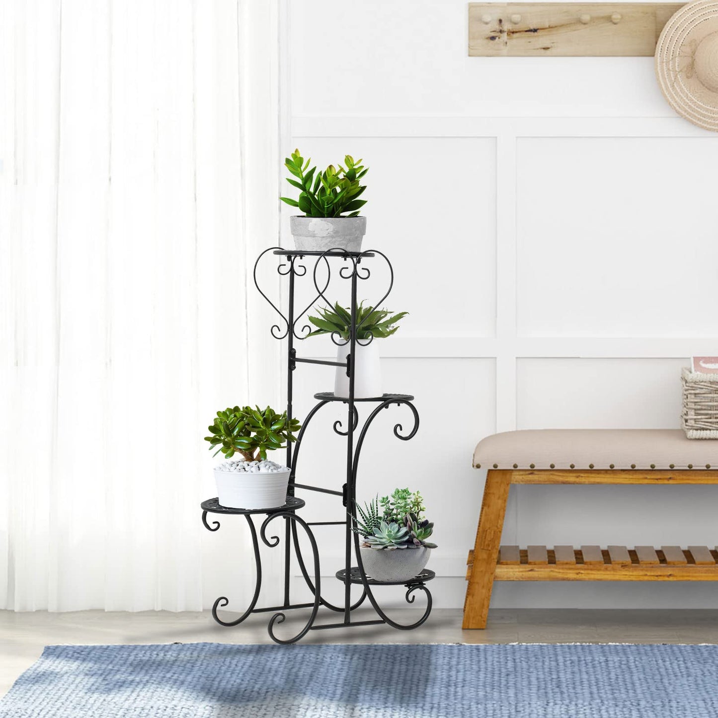 WUSILILU Plant Stand Indoor Tall, 4 Tier Metal Flower Pot Display Shelf Black Multilayer Flower Holder Rack Corner Organizer for Patio Orchid Office Porch Living Room Garden Balcony