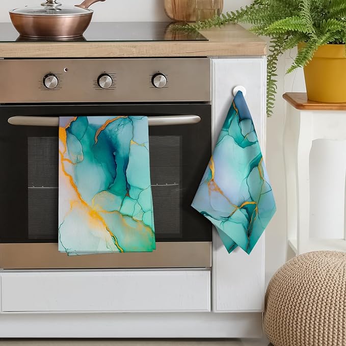 Teal Gold Kitchen Towel Set of 4 Soft Absorbent Marble Texture Turquoise