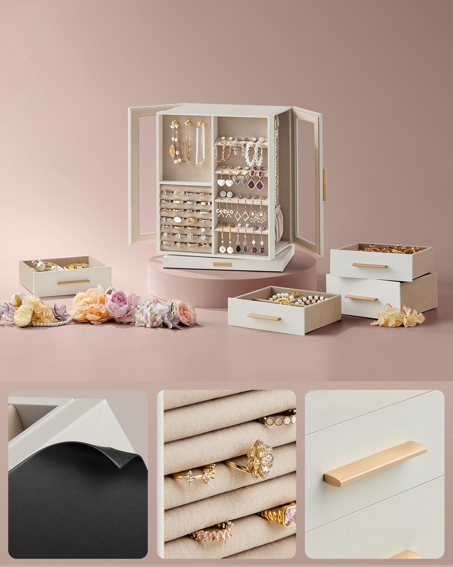 SONGMICS Jewellery Box 360° Rotating, Jewellery Organiser with 5 Drawers, Jewellery Display Case, Glass Window, Spacious, Vertical Jewellery Storage, Open Design, Great Gift, Cloud White JBC170W01