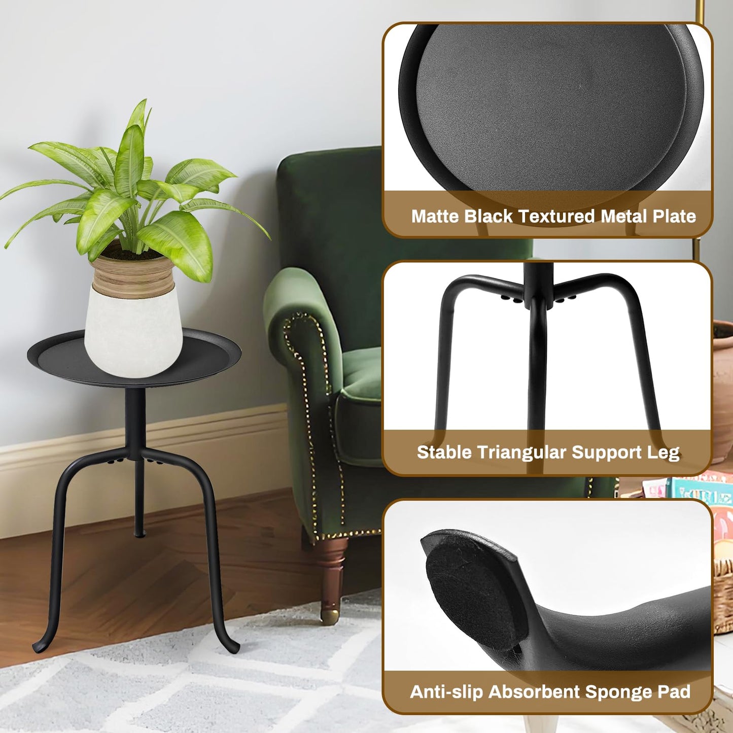 Uniqcovosa Plant Stand Indoor, Mid Century Single Plant Table, 3-Leg Minimalist Heavy Duty Metal Tall Flower Pot Stand, Modern Round Small Side End Table with Raised Design