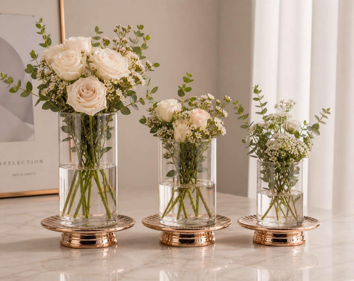 ADAVAS.Y&G Ceramic Rose Gold Candle Plate Set, 3-Piece – Decorative Candle Holder Tray for Pillar Candles, Jewelry, Stand for Flower vases – Elegant Wedding Decor and Table decoratives