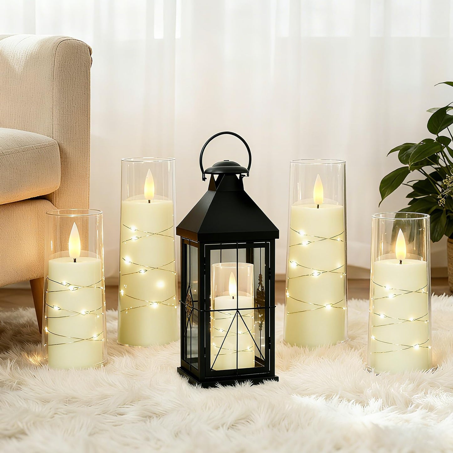Raycare Flameless Candle with Remote Timer 7 Flickering Acrylic Battery Operated LED Pillar Candles with Embedded Star String for Christmas, Wedding, Home Table Decor, and as a Gift (Ivory White)