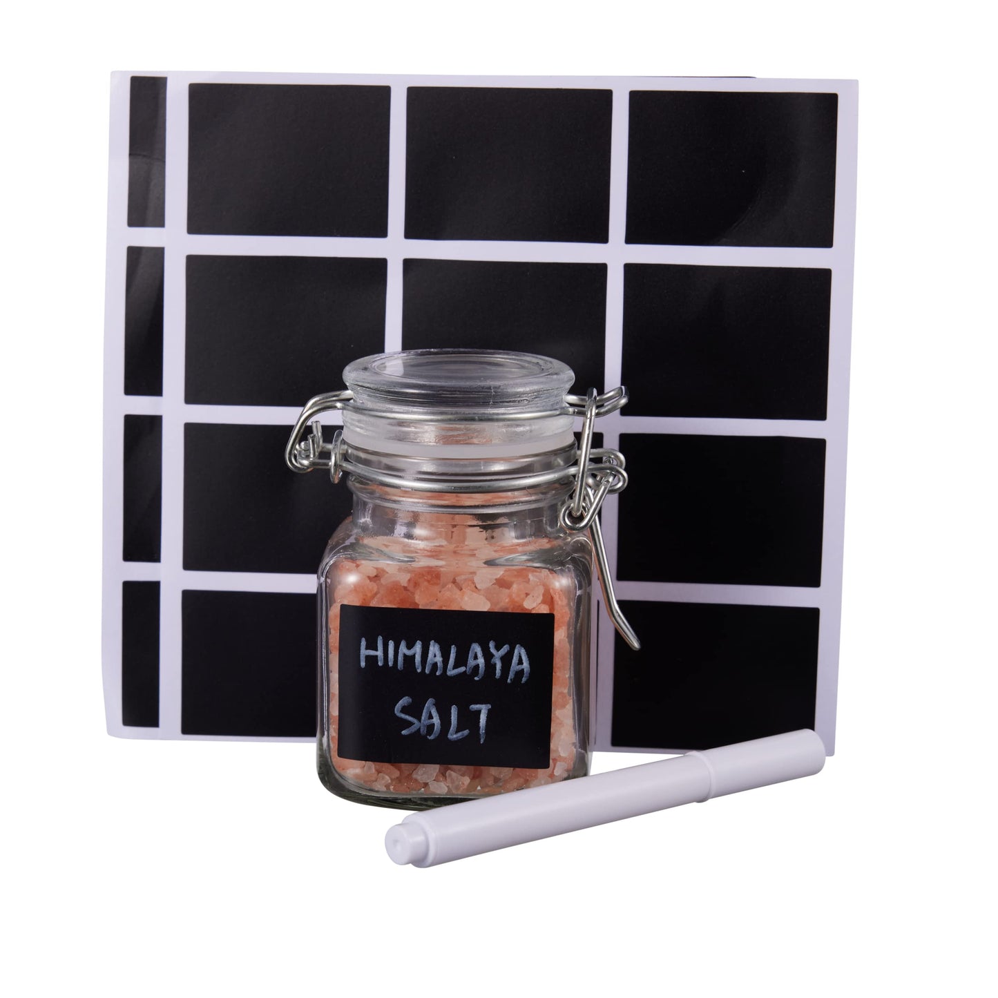 Oak & Steel - 24 Mini Clip Top Glass Spice Storage Jars - 100 ml Glass Canister Containers with Lids, 48 Labels and 2 Chalk Pen (8 x 5cm) - Perfect for Spice Storage, Jam, Honey, Gifting (24)…