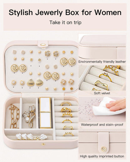 VLANDO Travel Jewelry Case, PU Leather Travel Jewelry Box with Earring Holder, Portable Display Small Jewelry Box for Mothers Day Women Girls Gift - Pink