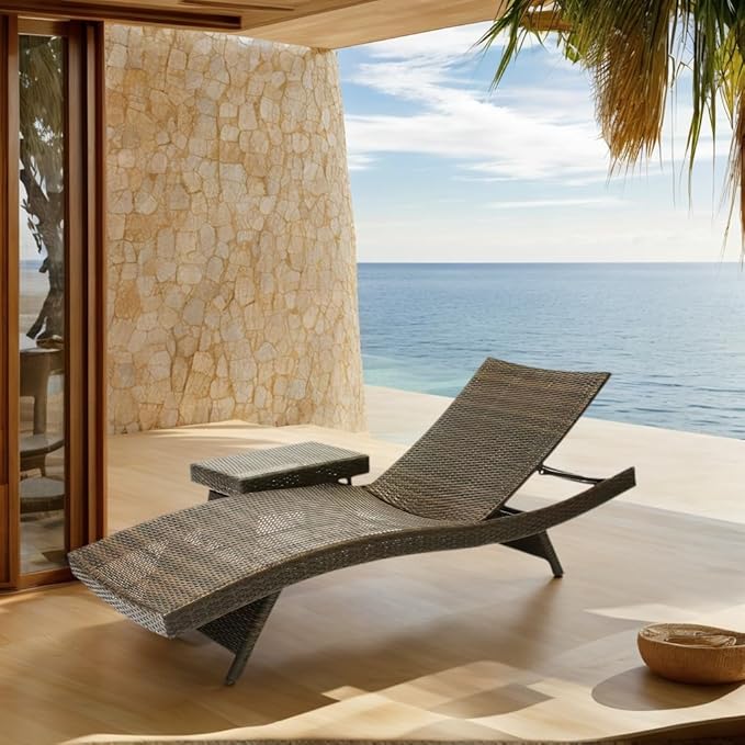 79'' Long Reclining Chaise Lounge + Side Table Set of 2, Outdoor Wicker