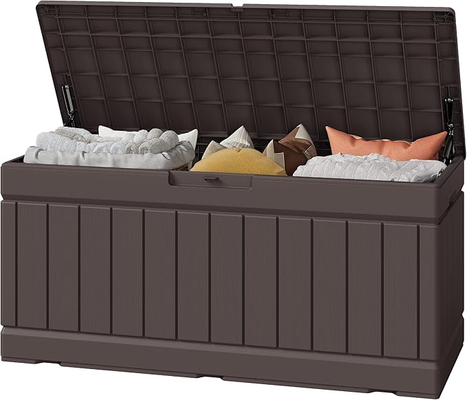 Greesum Outdoor Storage Box 82 Gallon Storage Bin with Lid for Patio Furniture, Garden Tools, Pool Supplies, Waterproof and UV Resistant, Lockable, Dark Brown