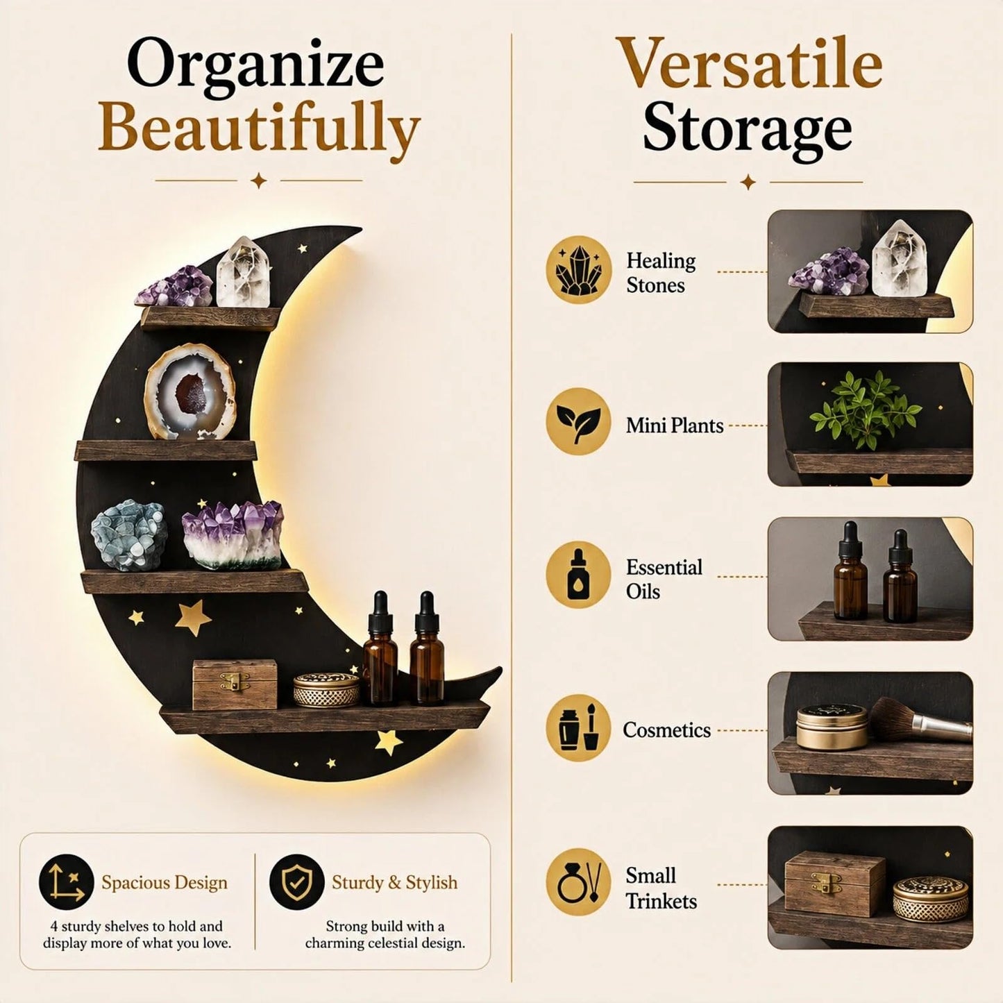HBSGS Crystal Display Shelf with LED Light, Crescent Moon Wall Shelf for Crystals, Gothic Witchy Room Decor, Wooden Shelf for Essential Oils, Trinkets & Gifts(Moon-38.5 * 36.5cm/15 * 14.4inch)