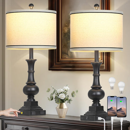 luxeflow Farmhouse Table Lamps Set of 2, Vintage Bedside Lamps with USB A+C Charging Ports & AC Outlet, 26" Rustic Nightstand Lamp for Living Room Bedroom End Table Wash Black(2 LED Bulbs Included)