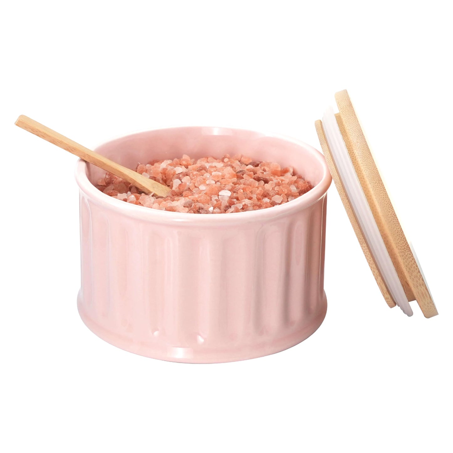 seicasaya Ceramic Condiment Pot with Bamboo Lid - 17oz Multi-purpose Seasoning Container for Salt, Sugar, Spices - Modern Striped Kitchen Countertop Storage Jar (Pink)