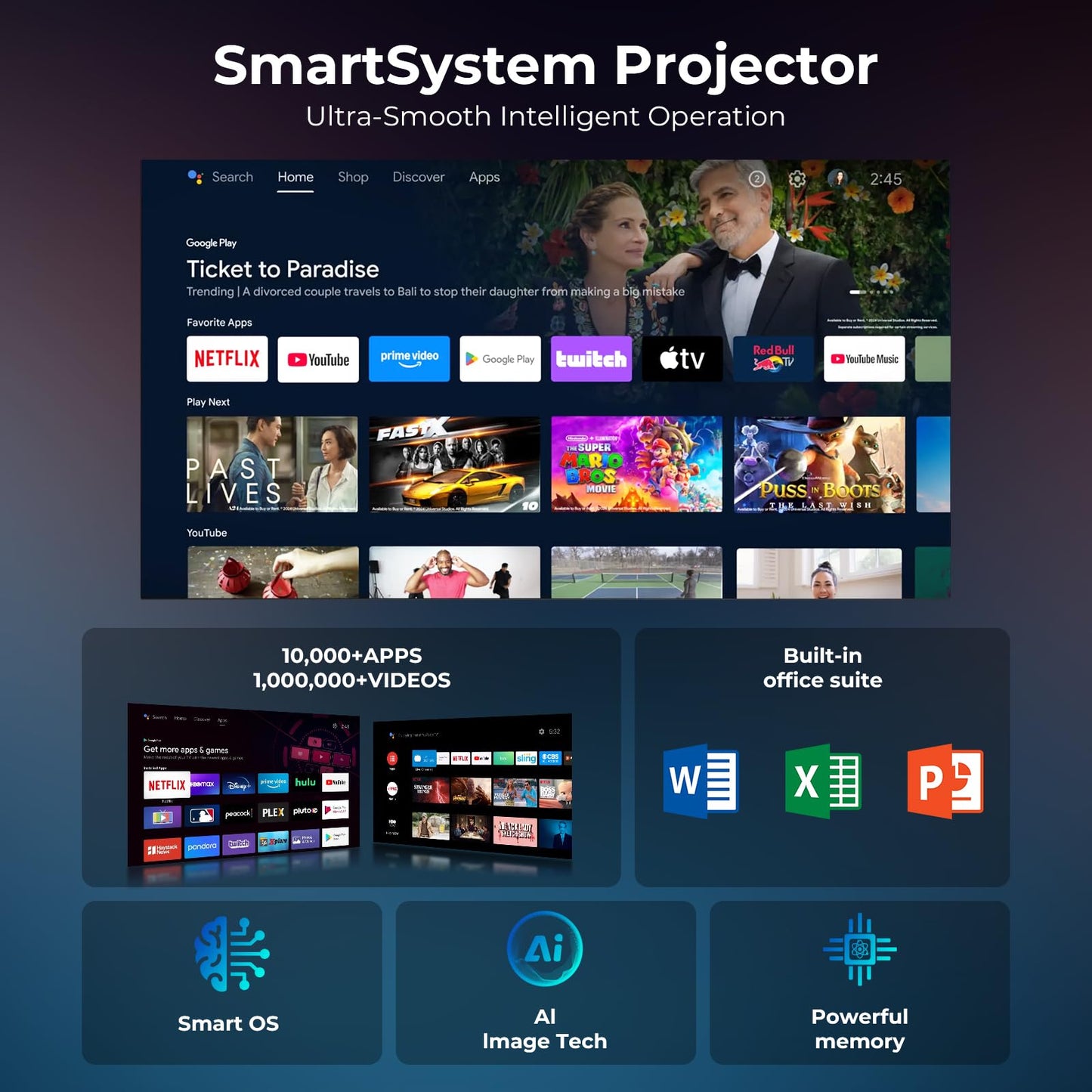 TransarJect Portable WiFi and Bluetooth Projector - 4K 1080P Supported Android Smart Mini Movie Projector, 270°Adjustable Stand Outdoor Home Star Projector with Ambient Light for Phone TV Stick Laptop